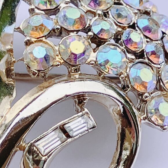 Vintage Signed Coro Brooch Mid Century AB Rhinestone Swirl Gold Tone 1950s - Picture 3 of 10